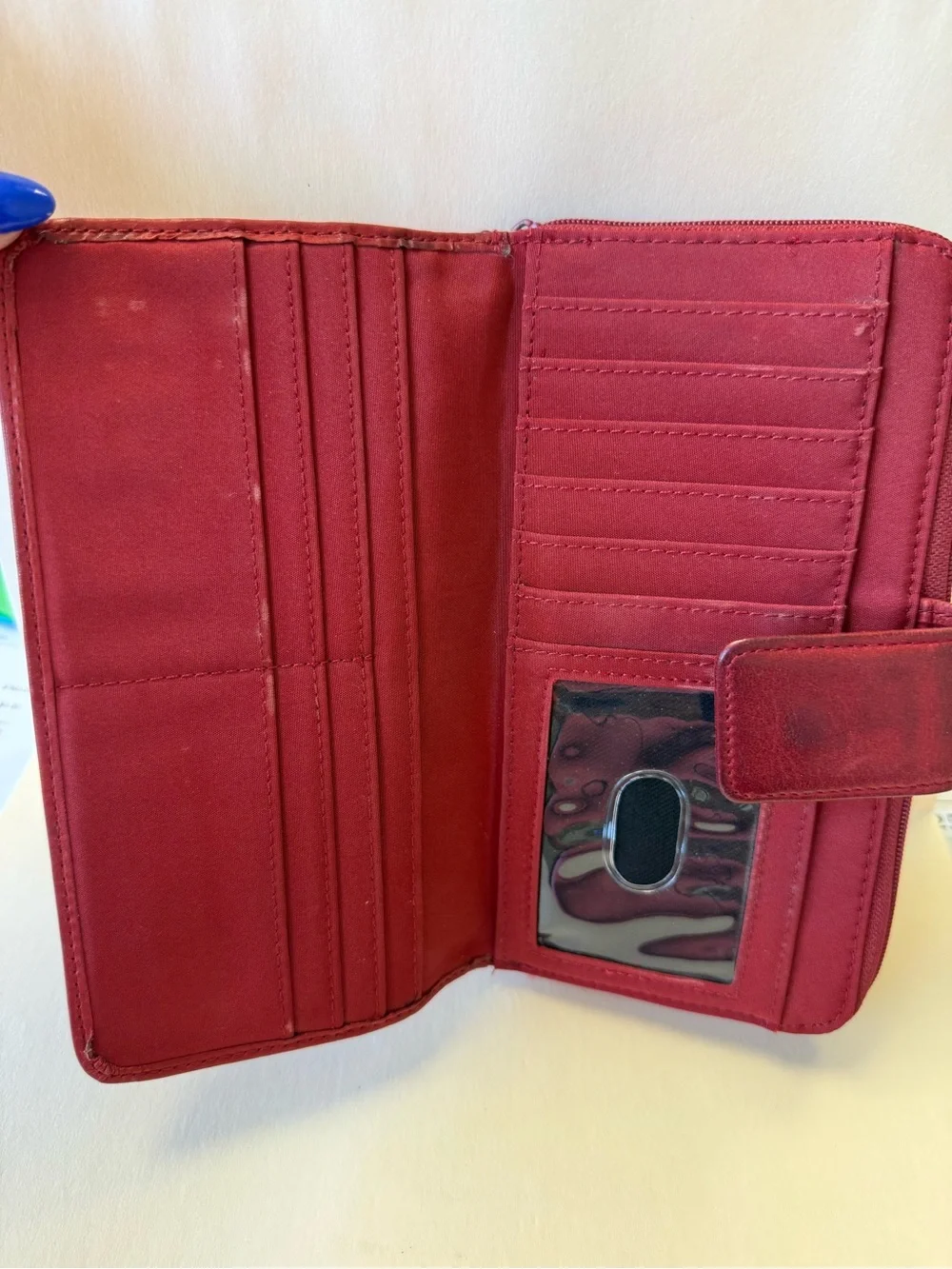 Vintage Deep Red Leather Zip-Around Wallet with Lots of Pockets.